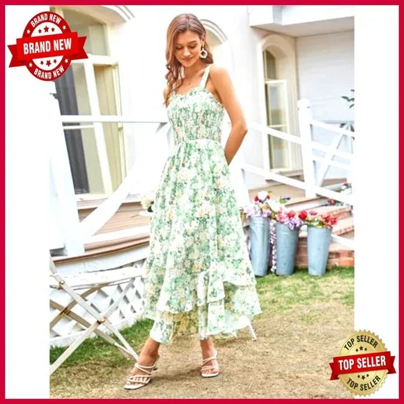 Floral Maxi Dress Boho Summer Square Neck A-Line Tiered Ruffles Adjustable - Picture 2 of 7